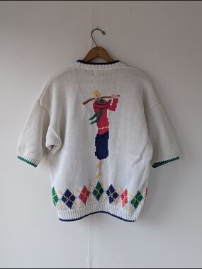 Vintage Cape Isle Knitters Baseball White Multicolor Argyle Knit Cardigan Large